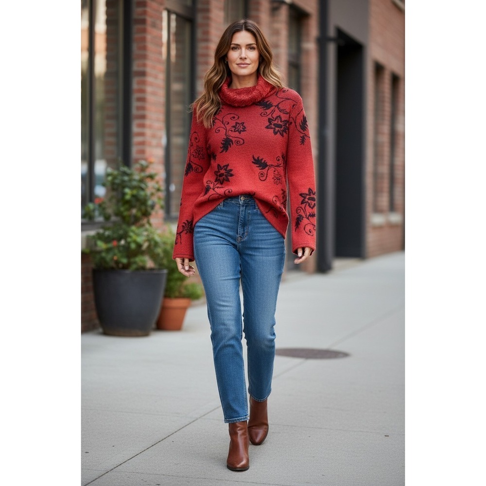 Caamaño Red 100% Baby Alpaca Floral Turtleneck Sweater XL Cottagecore